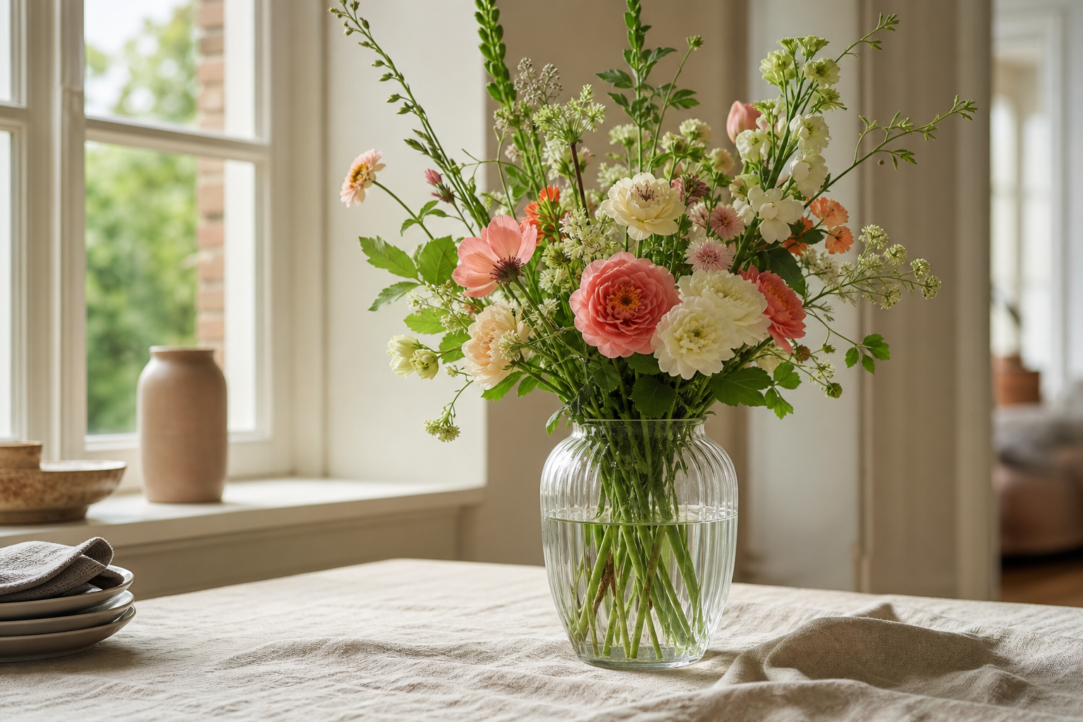 Boeket seizoensbloemen in een glazen vaas op een linnen tafel bij daglicht